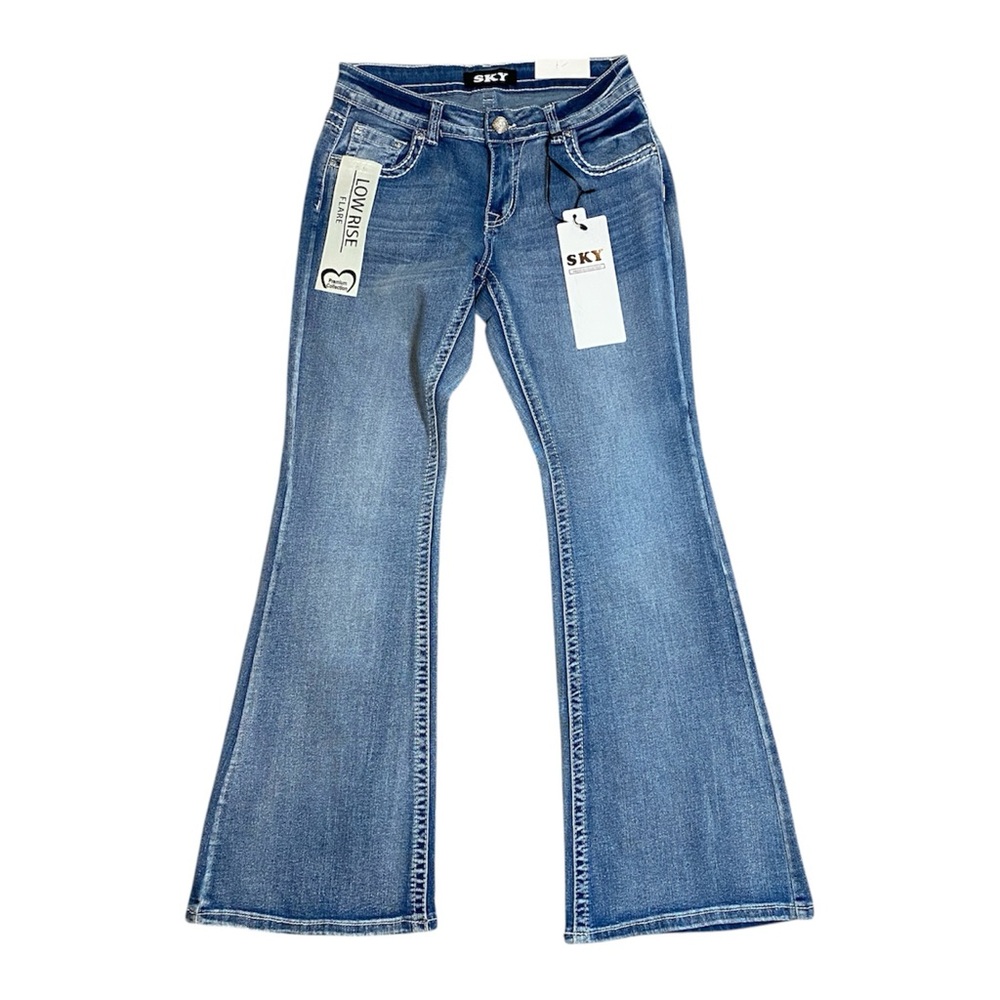 Sky Premium Women's Embellished Floral Skulls Stretch Flare Leg Jeans, Size 9